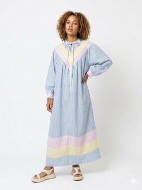 Vintage 70s SAYBURY Pastel Cotton Seersucker Long Sleeve Maxi House Dress Large